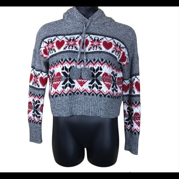 ANTHRO  YES/LOLA Gray/Red Heart Print Cropped Knit Hooded Sweater Sz Medium - Picture 1 of 5